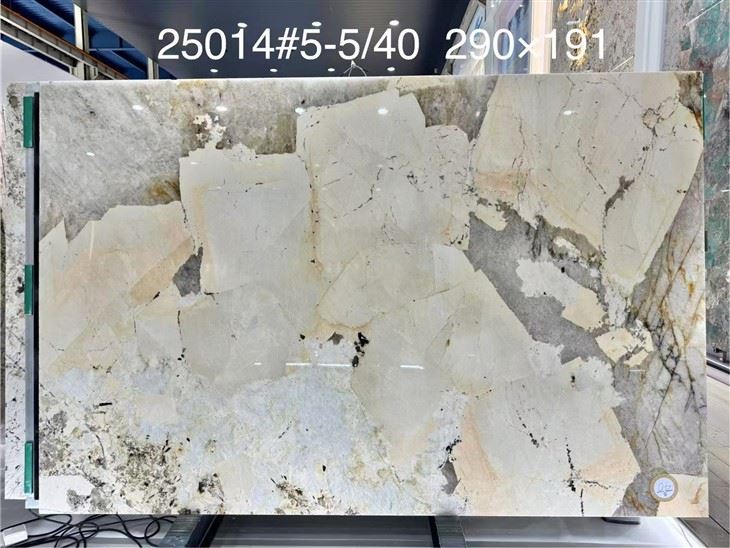 Patagonia Quartzite slab submitted for client review with cream, gray, charcoal and warm natural mineral movement.