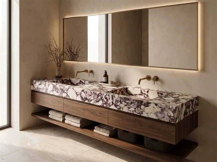 Calacatta Viola Marble double vanity with integrated sinks, mitered edges and a floating walnut cabinet in a modern luxury bathroom 