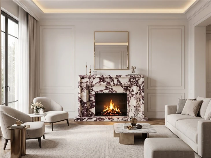 Calacatta Viola Marble fireplace surround with a traditional mantel design and dramatic burgundy veining in an elegant living room