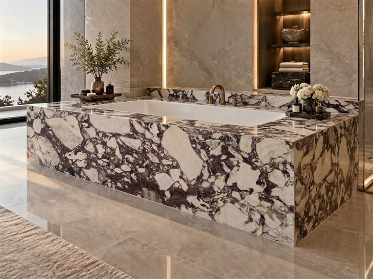 Calacatta Viola Marble bathtub deck and surround with mitered corners and dramatic burgundy veining in a luxury bathroom 