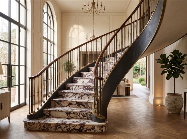 Calacatta Viola Marble curved interior staircase with matching treads and risers in an elegant double-height entrance hall