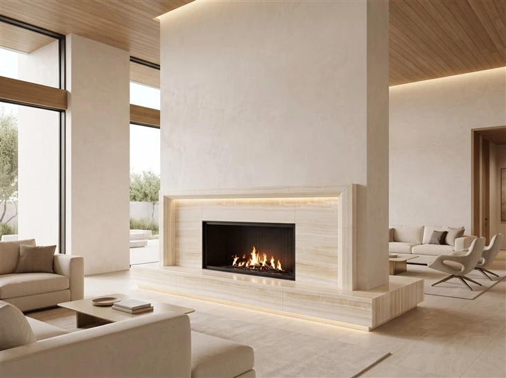 Vanilla Onyx fireplace surround with mitered edges and illuminated hearth in a luxury custom home living room