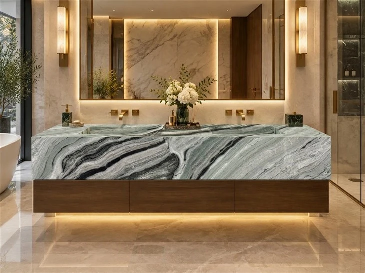Verde Oceania Marble double vanity with integrated sinks, mitered front edges and dramatic green, grey and black veining in a luxury bathroom