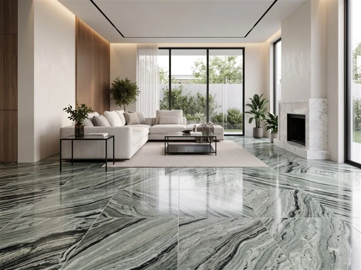 Verde Oceania Marble floor tiles with flowing green, grey and black veining installed in a modern luxury living room