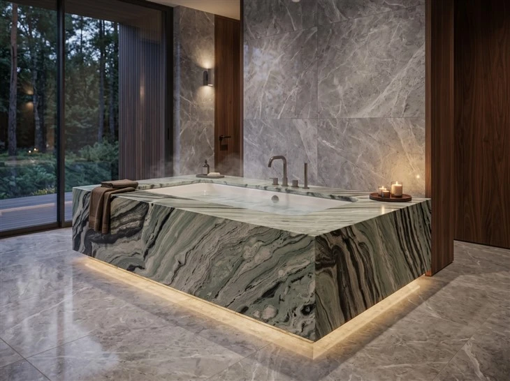 Verde Oceania Marble bathtub deck and surround with mitered corners, dramatic flowing veining and concealed base lighting in a luxury bathroom