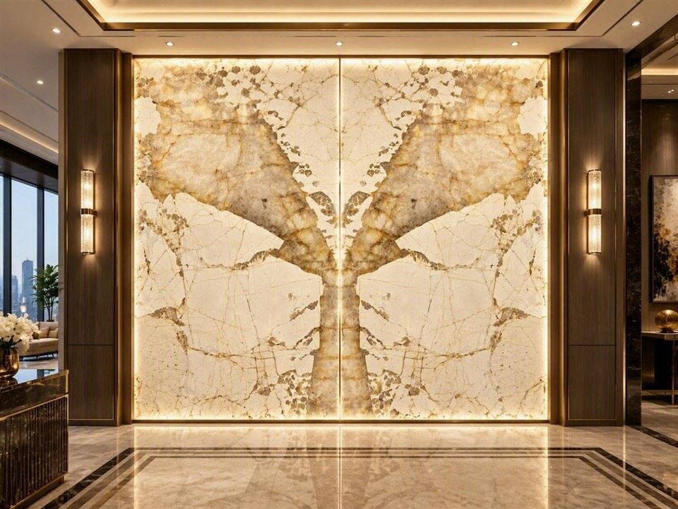 Backlit Patagonia Quartzite feature wall with two symmetrical book-matched panels and a visible central joint in a luxury interior.