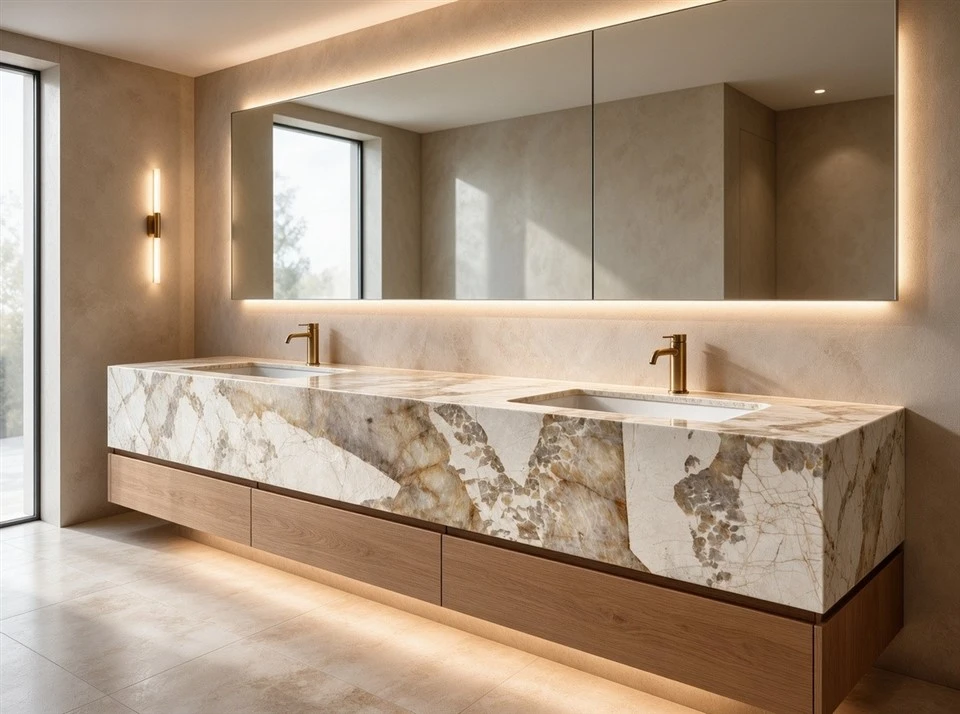 Luxury floating bathroom vanity with a Patagonia Quartzite double-sink top, warm wood cabinetry and brass faucets.