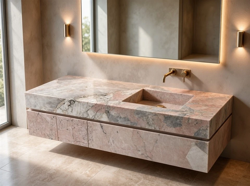Pink Patagonia Quartzite floating bathroom vanity with an integrated stone sink and wall-mounted brass faucet