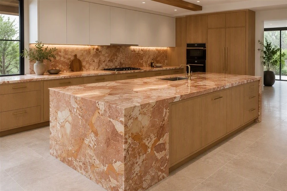 breccia-pernice-marble-kitchen-island-and-backsplash