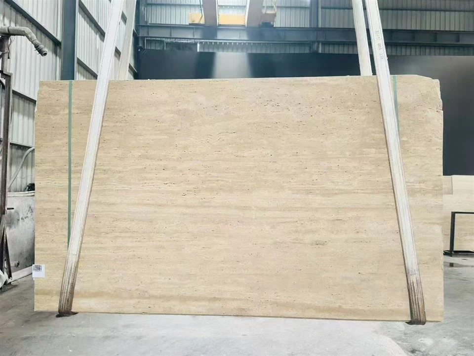 Current Classic Beige Travertine slab photographed for client review before custom fabrication.