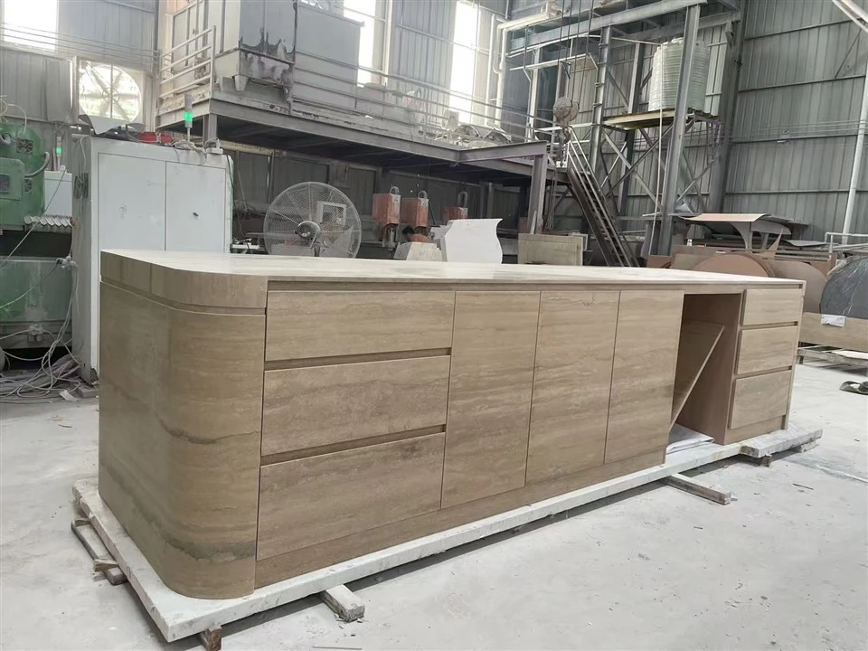 Custom Silver Travertine Kitchen Island With Stone-Wrapped Cabinetry