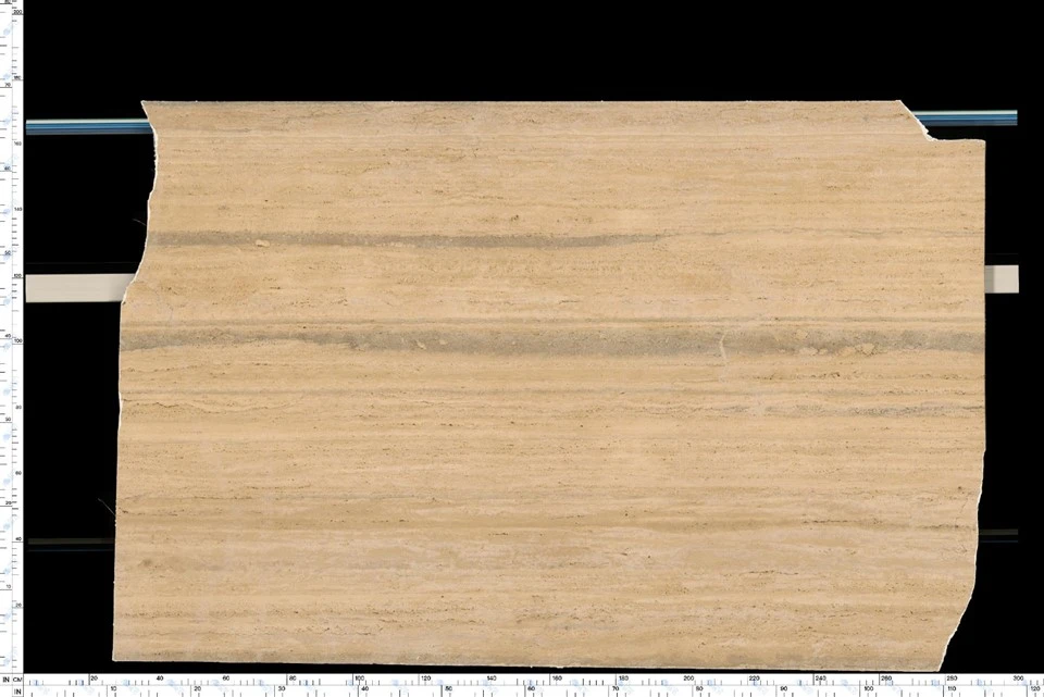 Full-size scan of an Italian silver travertine slab submitted for color, movement and natural-character approval.