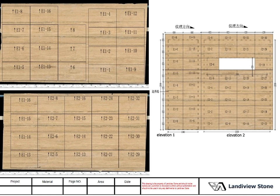 AutoCAD cutting and vein-layout simulation mapping numbered wall tiles onto approved silver travertine slab scans.