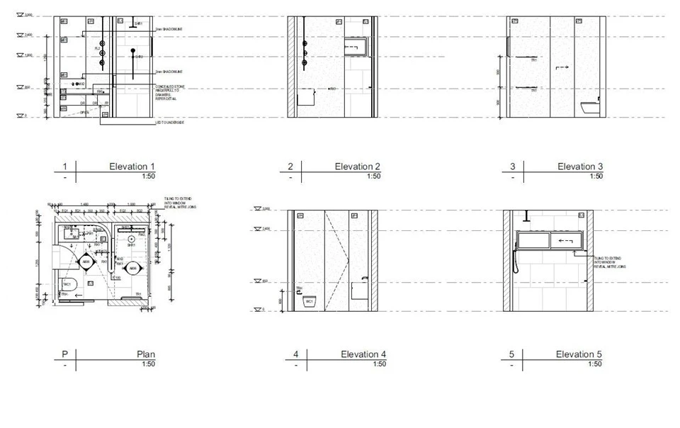 Bathroom architectural plan and wall elevations supplied for custom silver travertine wall tile shop drawings.