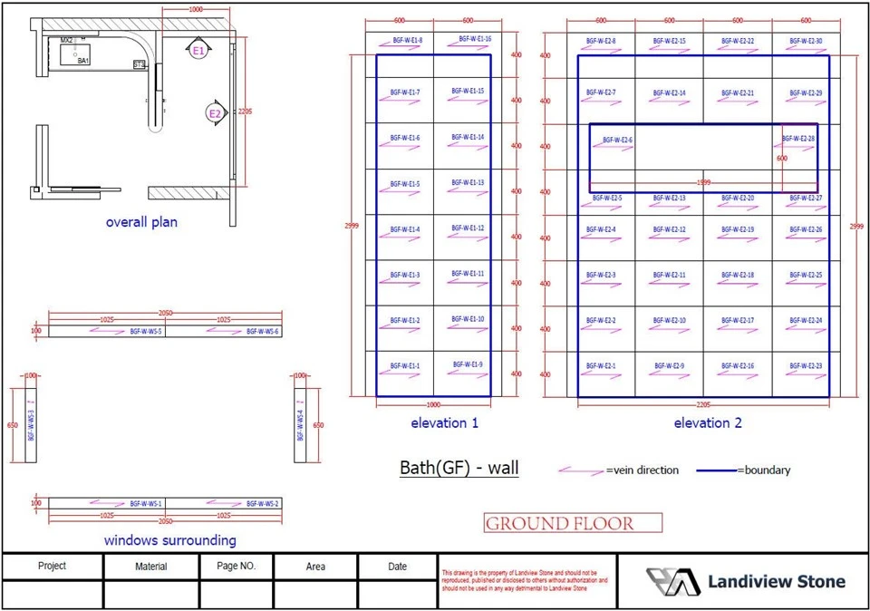 Landiview Stone shop drawings showing custom silver travertine wall tile sizes, vein directions, boundaries and unique piece numbers.