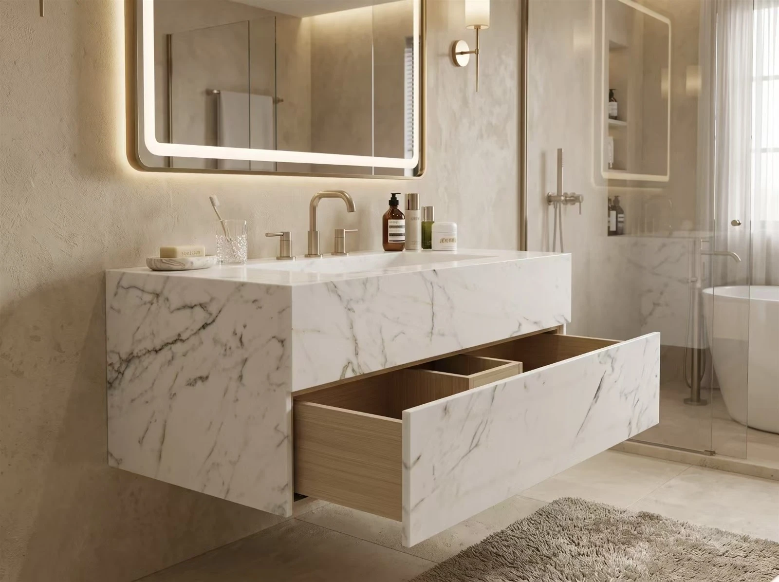 Arabescato marble floating bathroom vanity with an open wood drawer in a high-end private residence. Arabescato marble floating bathroom vanity with an open wood drawer in a high-end private residence.