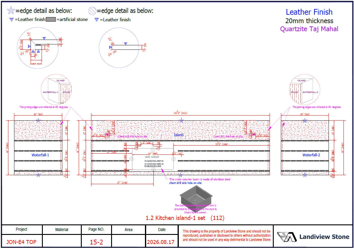 Approved-style shop drawing for a Taj Mahal Quartzite outdoor kitchen countertop showing panel dimensions, edge build-ups, cutouts and fabrication notes. Approved-style shop drawing for a Taj Mahal Quartzite outdoor kitchen countertop showing panel dimensions, edge build-ups, cutouts and fabrication notes.