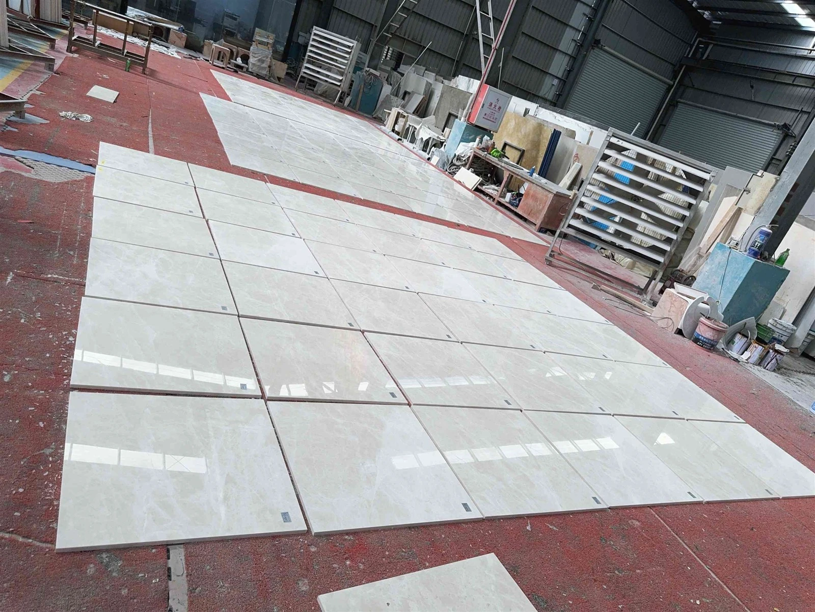Elevation B with 36 polished Aran White Marble wall tiles arranged for factory dry-layout inspection. Elevation B with 36 polished Aran White Marble wall tiles arranged for factory dry-layout inspection.