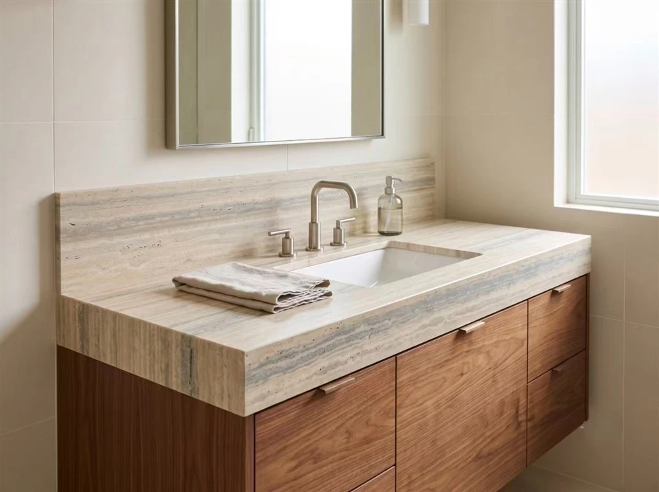 Ocean Blue Travertine bathroom vanity top with wood cabinet