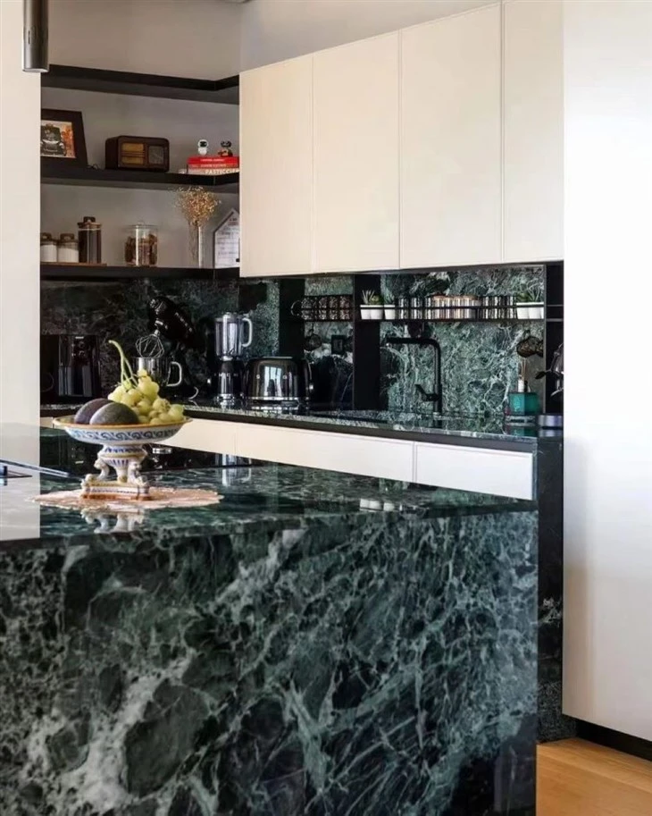 Verde Mare Pradas Green Marble Kitchen Countertop and wall