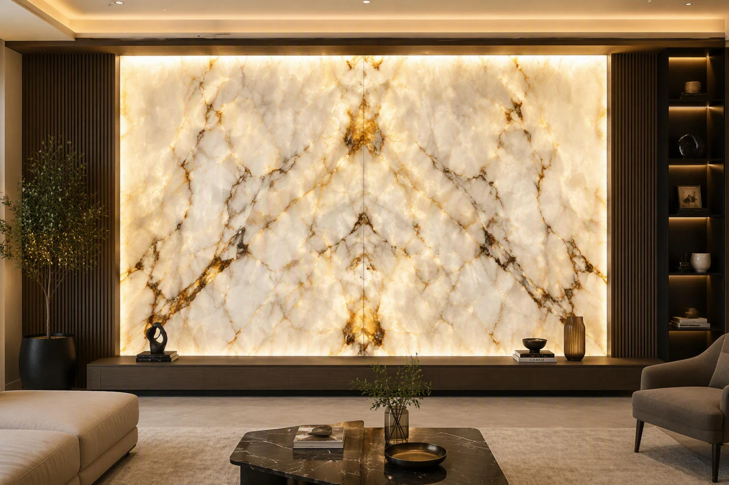 Book-matched Cristallo Quartzite feature wall with LED backlighting and symmetrical gold-brown veining Book-matched Cristallo Quartzite feature wall with LED backlighting and symmetrical gold-brown veining
