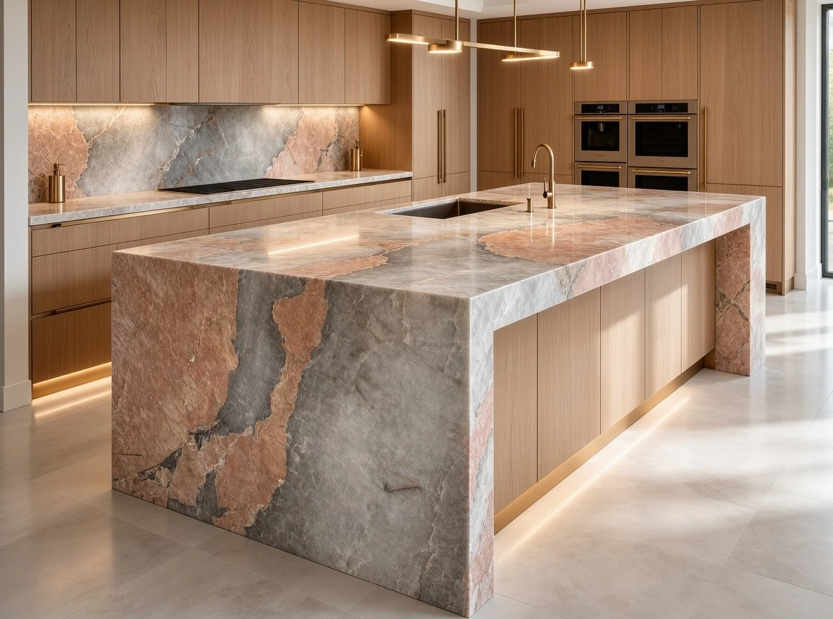 Pink Patagonia Quartzite waterfall kitchen island, countertops and backsplash installed in a luxury custom kitchen with warm wood cabinetry. Pink Patagonia Quartzite waterfall kitchen island, countertops and backsplash installed in a luxury custom kitchen with warm wood cabinetry.