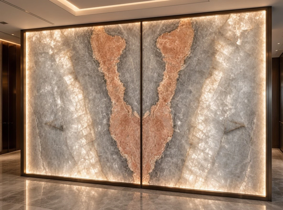 Pink Patagonia Quartzite book-matched backlit feature wall panels installed in a luxury interior, showcasing symmetrical mirrored stone patterns and illuminated crystal textures. Pink Patagonia Quartzite book-matched backlit feature wall panels installed in a luxury interior, showcasing symmetrical mirrored stone patterns and illuminated crystal textures.
