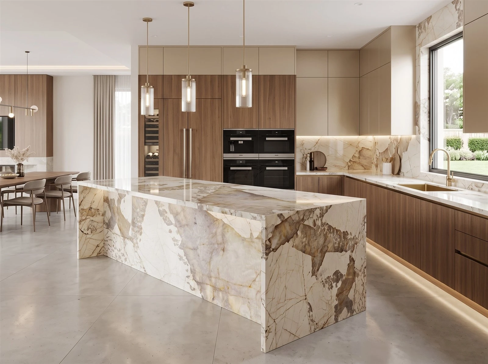 Luxury kitchen featuring Patagonia Quartzite countertops and a large waterfall island with warm wood cabinetry. Luxury kitchen featuring Patagonia Quartzite countertops and a large waterfall island with warm wood cabinetry.