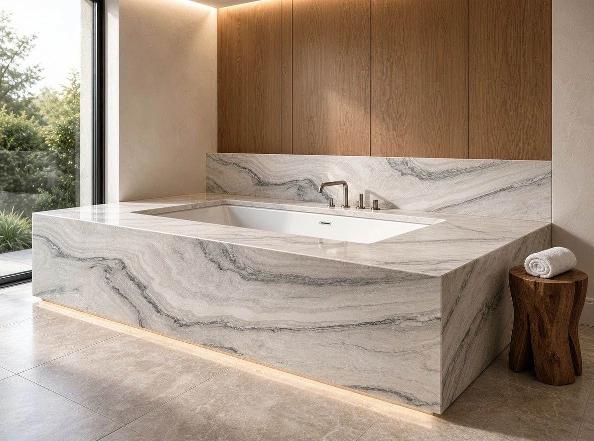 Luce Di Luna quartzite bathtub deck with mitered edges, matching apron panels and coordinated natural veining Luce Di Luna quartzite bathtub deck with mitered edges, matching apron panels and coordinated natural veining