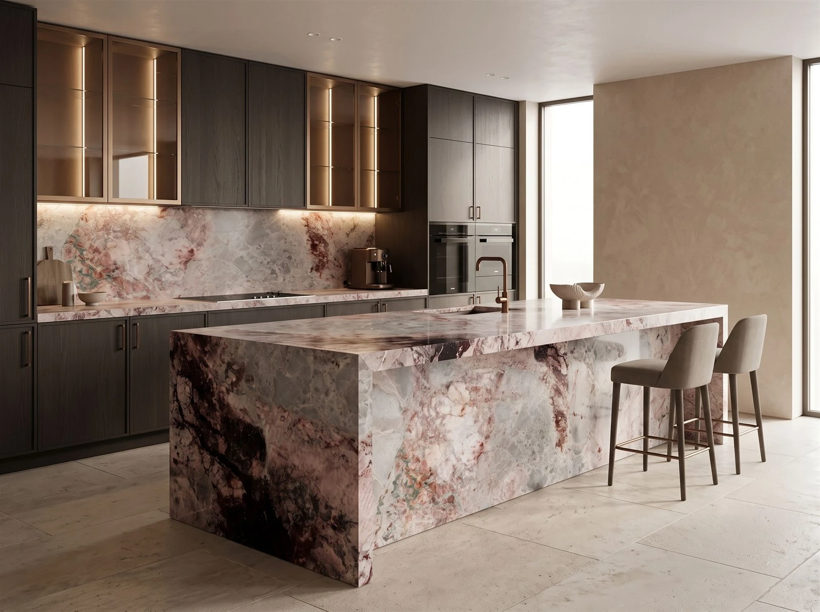 Four Season Pink Marble kitchen countertop, full-height backsplash and waterfall island with dark wood cabinetry in a luxury custom home Four Season Pink Marble kitchen countertop, full-height backsplash and waterfall island with dark wood cabinetry in a luxury custom home