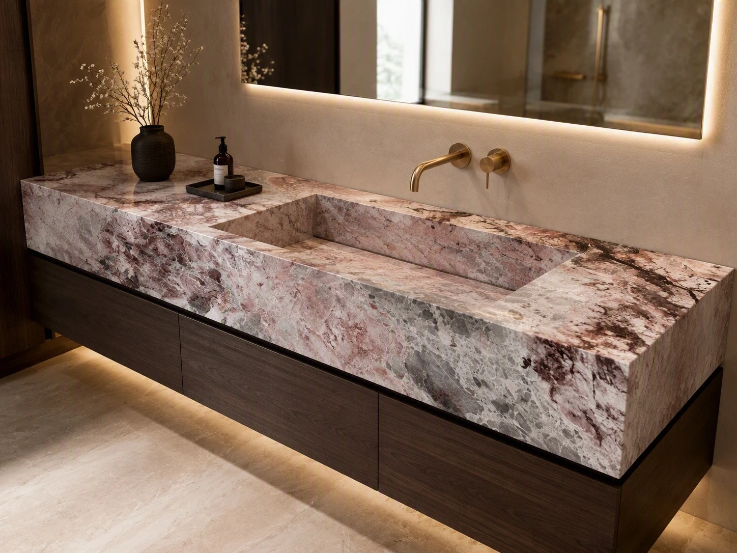 Four Season Pink Marble bathroom vanity top with a panel-built integrated sink, mitered edges and dark wood cabinetry Four Season Pink Marble bathroom vanity top with a panel-built integrated sink, mitered edges and dark wood cabinetry