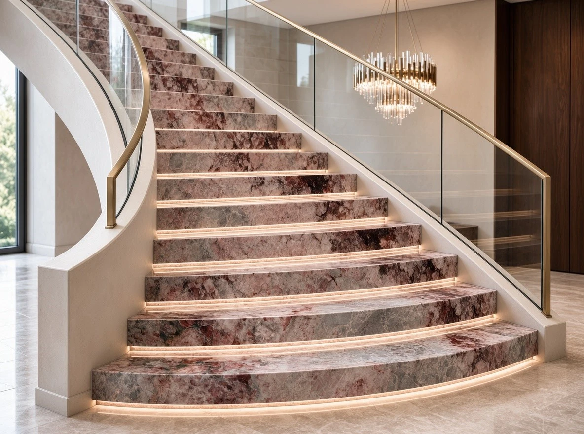 Four Season Pink Marble interior staircase with illuminated treads, glass balustrades and brass handrails in a luxury custom home Four Season Pink Marble interior staircase with illuminated treads, glass balustrades and brass handrails in a luxury custom home