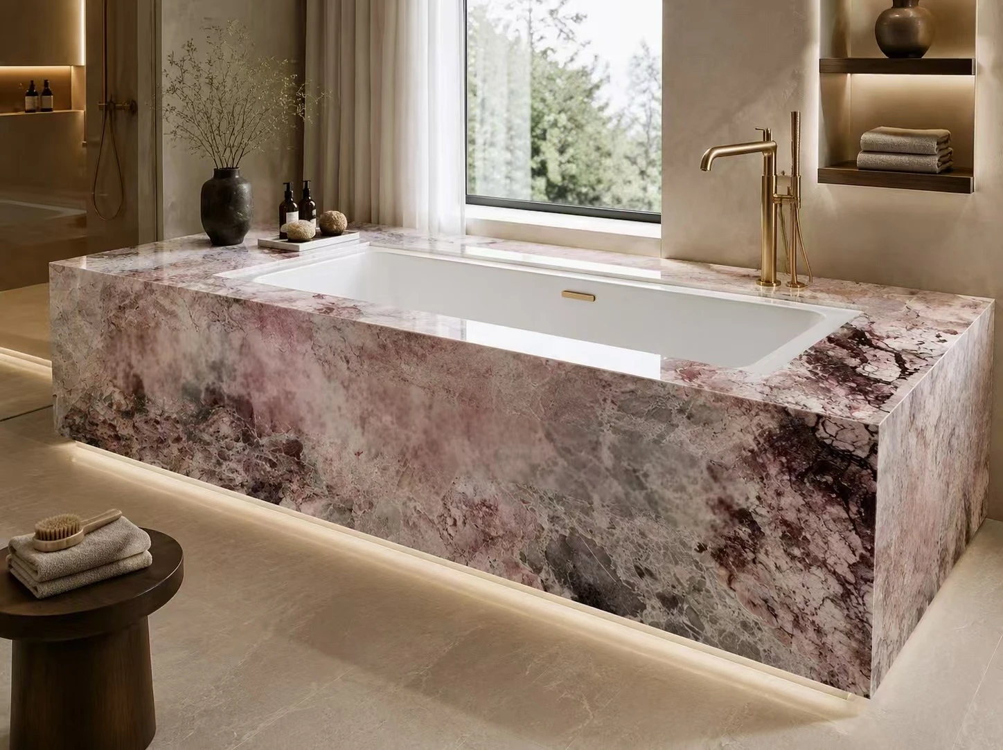 Four Season Pink Marble bathtub deck with mitered apron and side panels, a white inset tub and brushed brass fixtures in a luxury bathroom Four Season Pink Marble bathtub deck with mitered apron and side panels, a white inset tub and brushed brass fixtures in a luxury bathroom