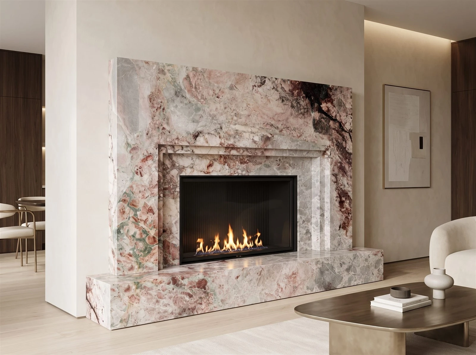 Four Season Pink Marble fireplace surround and projecting hearth with mitered edges in a luxury contemporary living room Four Season Pink Marble fireplace surround and projecting hearth with mitered edges in a luxury contemporary living room