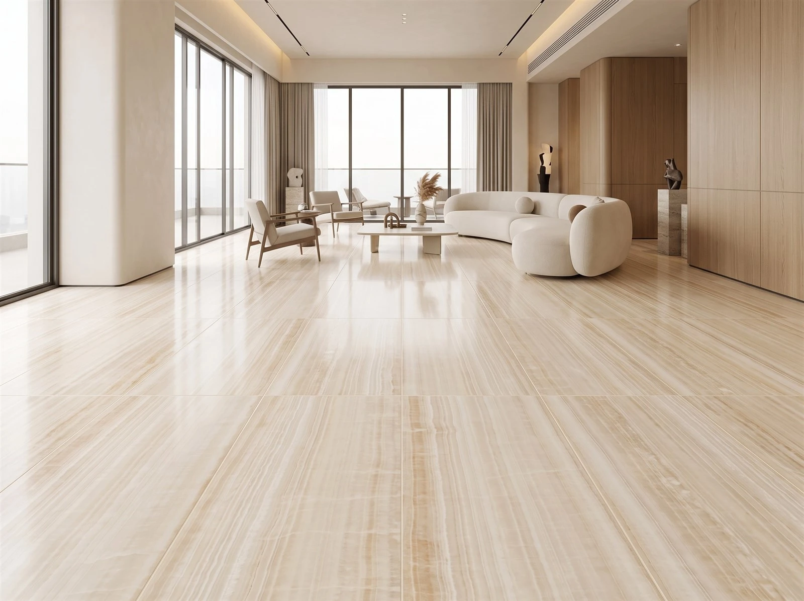 Vanilla Onyx floor tiles with visible grout joints installed in a contemporary luxury custom home living room Vanilla Onyx floor tiles with visible grout joints installed in a contemporary luxury custom home living room