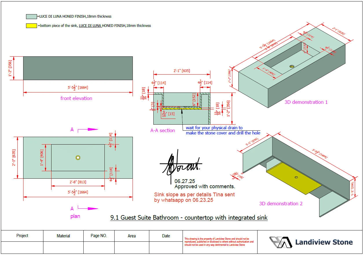 Approved Landiview Stone shop drawing showing plan, elevation, section, dimensions, material thickness, and 3D views for a guest bathroom integrated sink countertop. Approved Landiview Stone shop drawing showing plan, elevation, section, dimensions, material thickness, and 3D views for a guest bathroom integrated sink countertop.