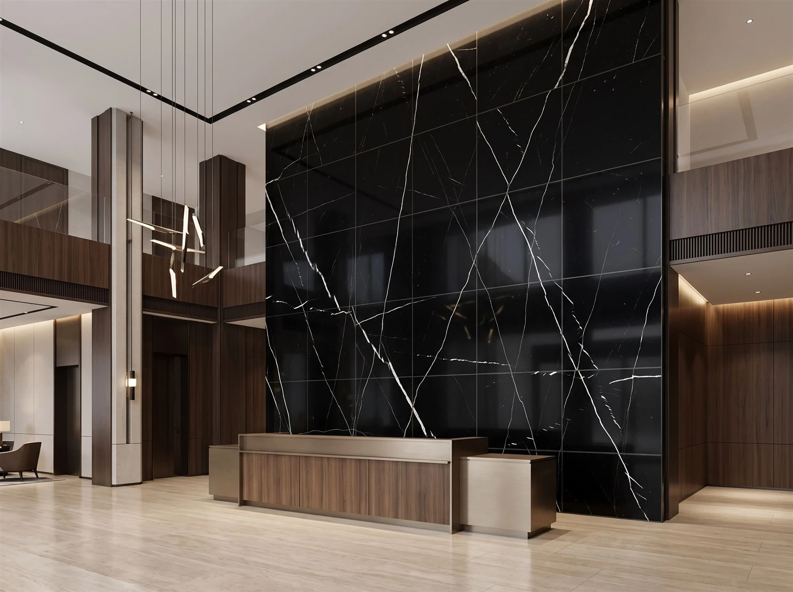 Large-format Nero Marquina marble wall tiles with visible joints behind the reception desk in a luxury hotel lobby Large-format Nero Marquina marble wall tiles with visible joints behind the reception desk in a luxury hotel lobby
