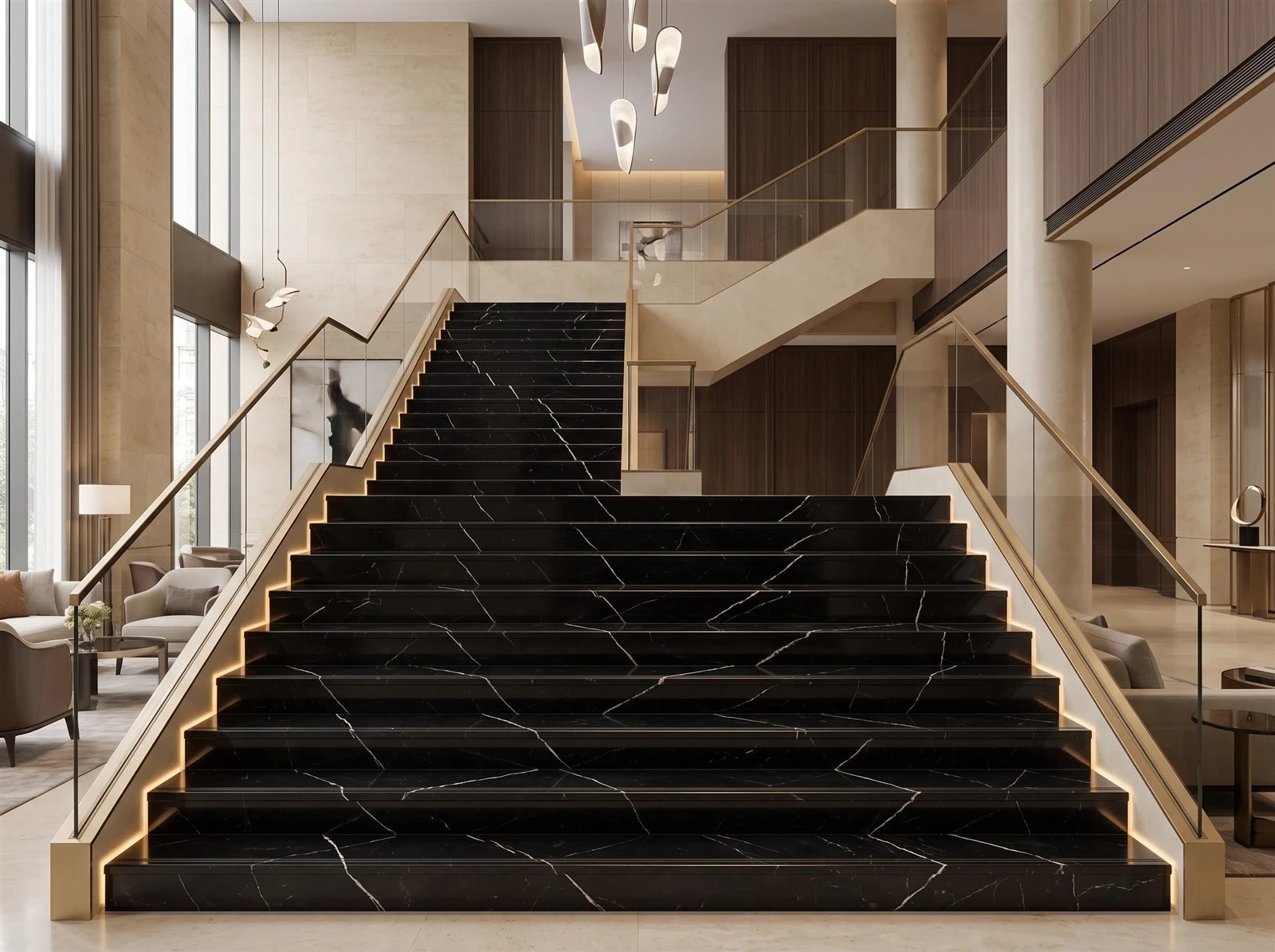 Nero Marquina marble interior staircase with polished treads, matching risers, glass railings and warm integrated lighting in a luxury hotel Nero Marquina marble interior staircase with polished treads, matching risers, glass railings and warm integrated lighting in a luxury hotel