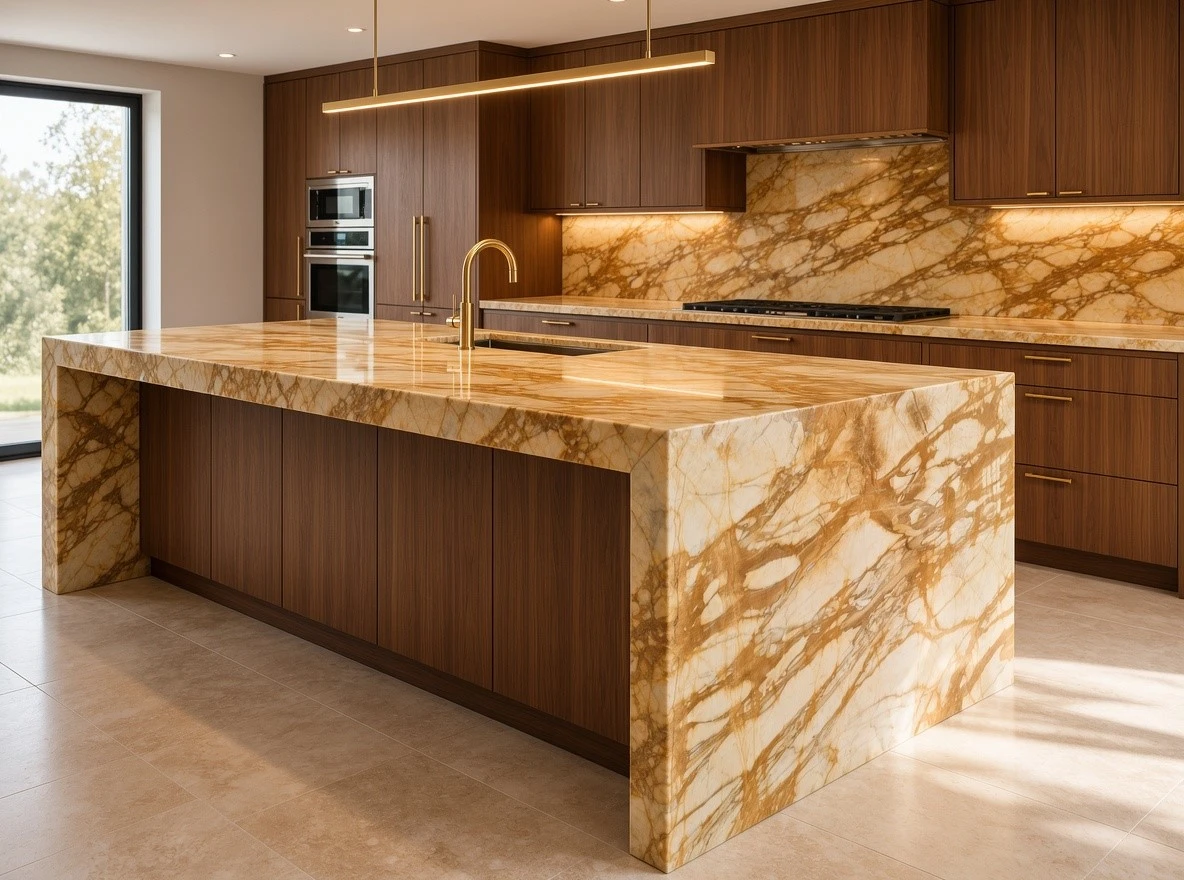 Giallo Siena Marble kitchen countertop, full-height backsplash and waterfall island with dark walnut cabinetry Giallo Siena Marble kitchen countertop, full-height backsplash and waterfall island with dark walnut cabinetry