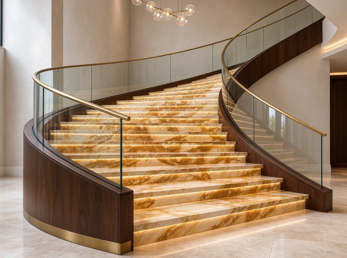 Giallo Siena Marble curved interior staircase with illuminated treads, glass balustrades and dark walnut side panels Giallo Siena Marble curved interior staircase with illuminated treads, glass balustrades and dark walnut side panels
