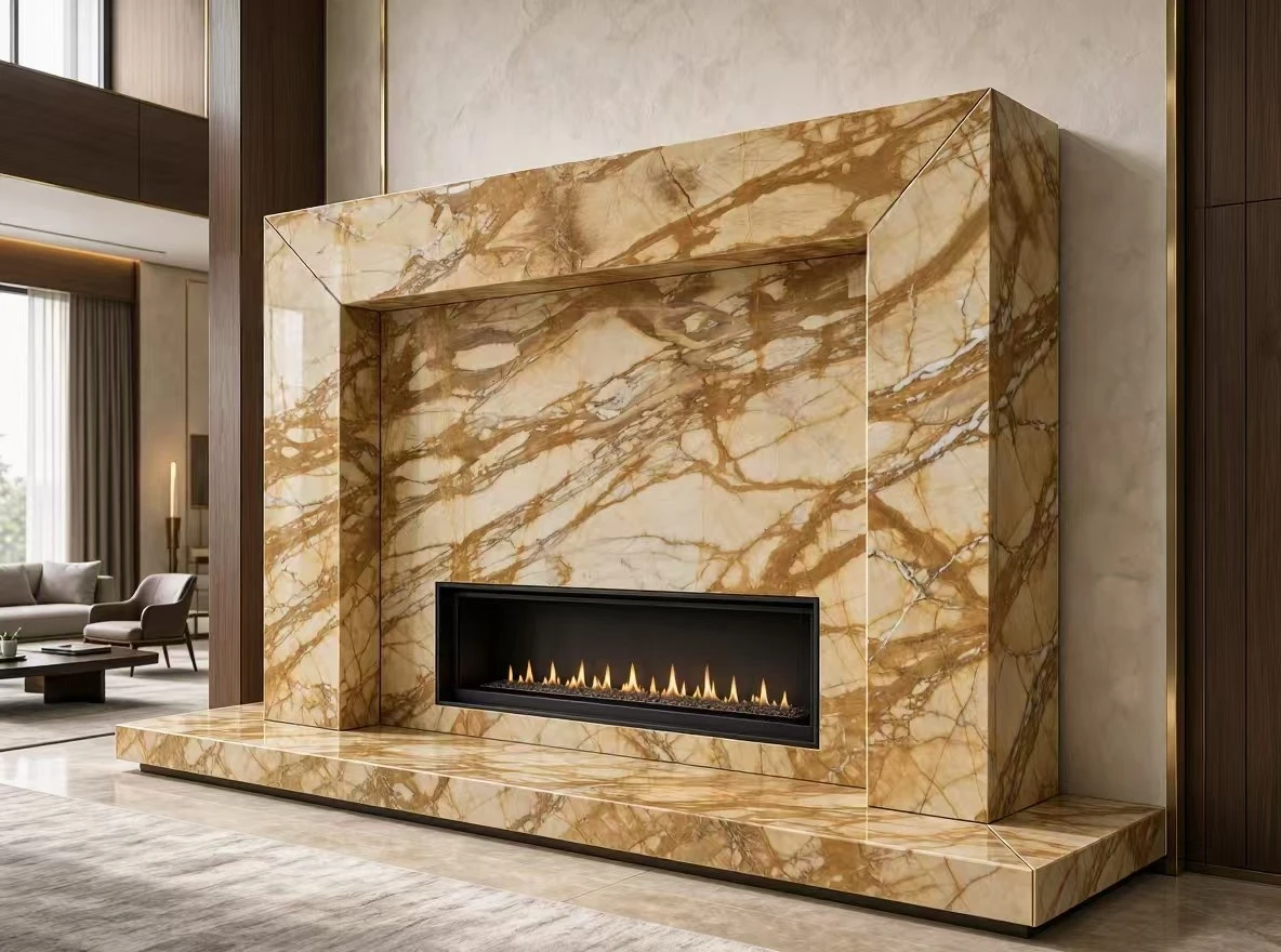 Giallo Siena Marble fireplace surround with mitered edges and a matching hearth in a luxury contemporary living room Giallo Siena Marble fireplace surround with mitered edges and a matching hearth in a luxury contemporary living room