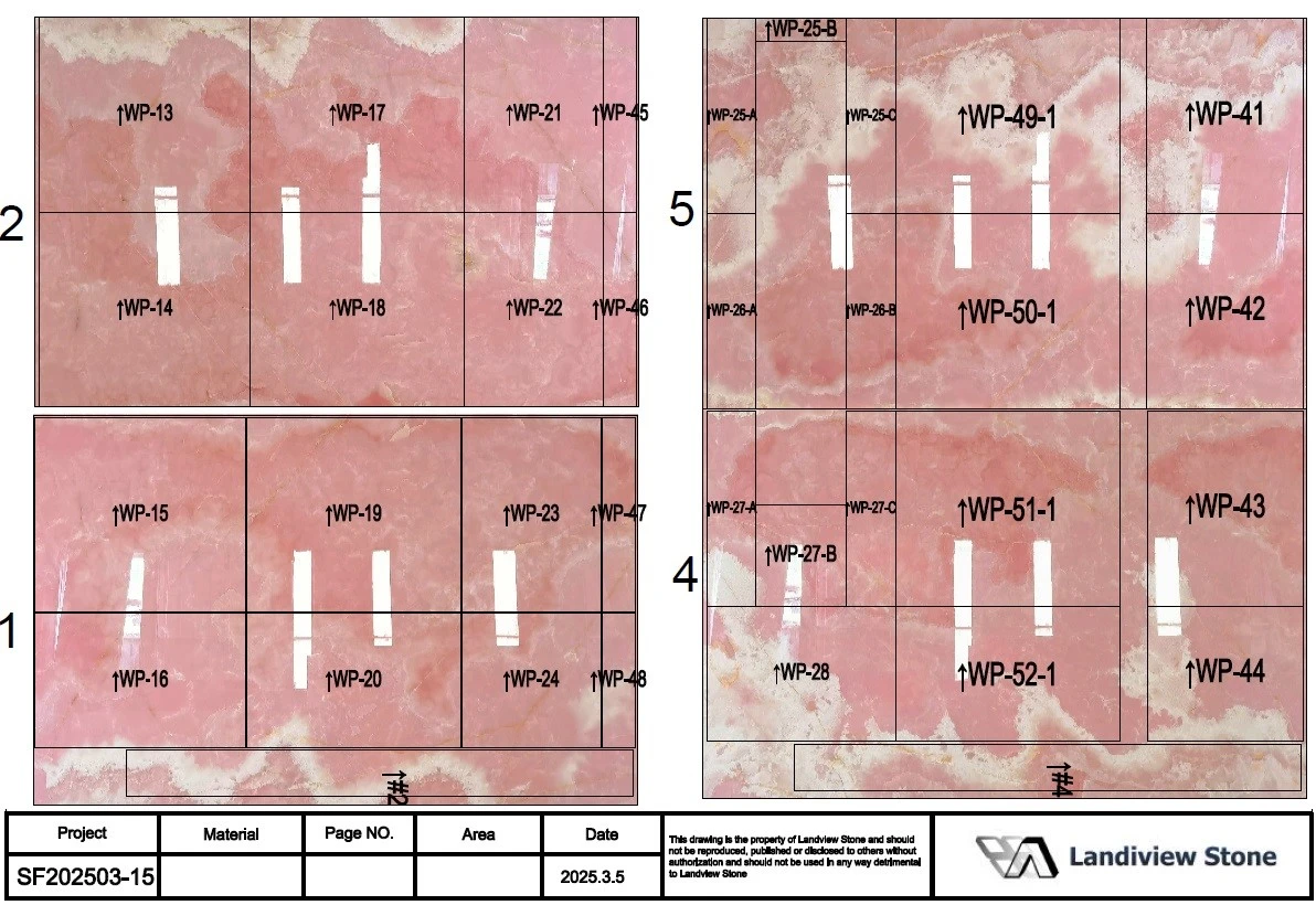 AutoCAD assembly simulation showing numbered Pink Onyx tiles arranged by elevation before physical cutting. AutoCAD assembly simulation showing numbered Pink Onyx tiles arranged by elevation before physical cutting.