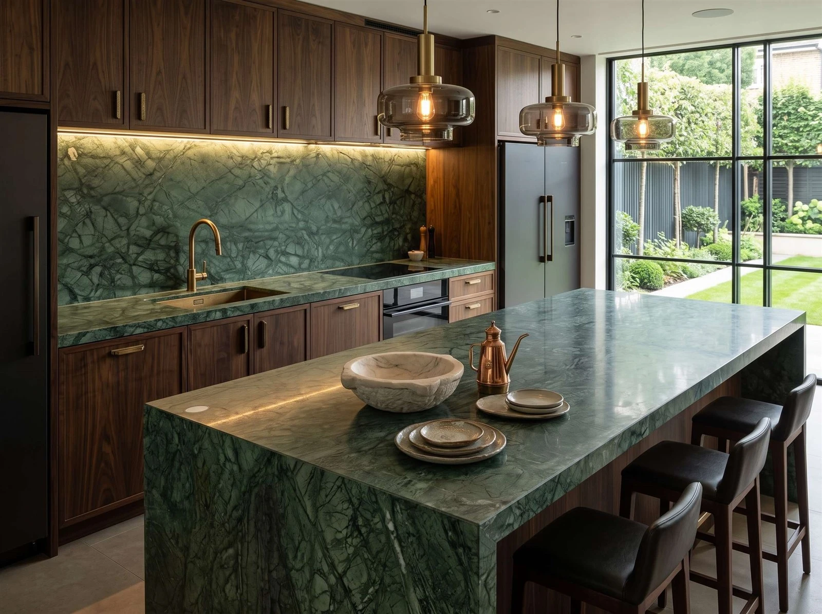 Indian Green Marble kitchen island, countertop and full-height backsplash with dark wood cabinetry Indian Green Marble kitchen island, countertop and full-height backsplash with dark wood cabinetry