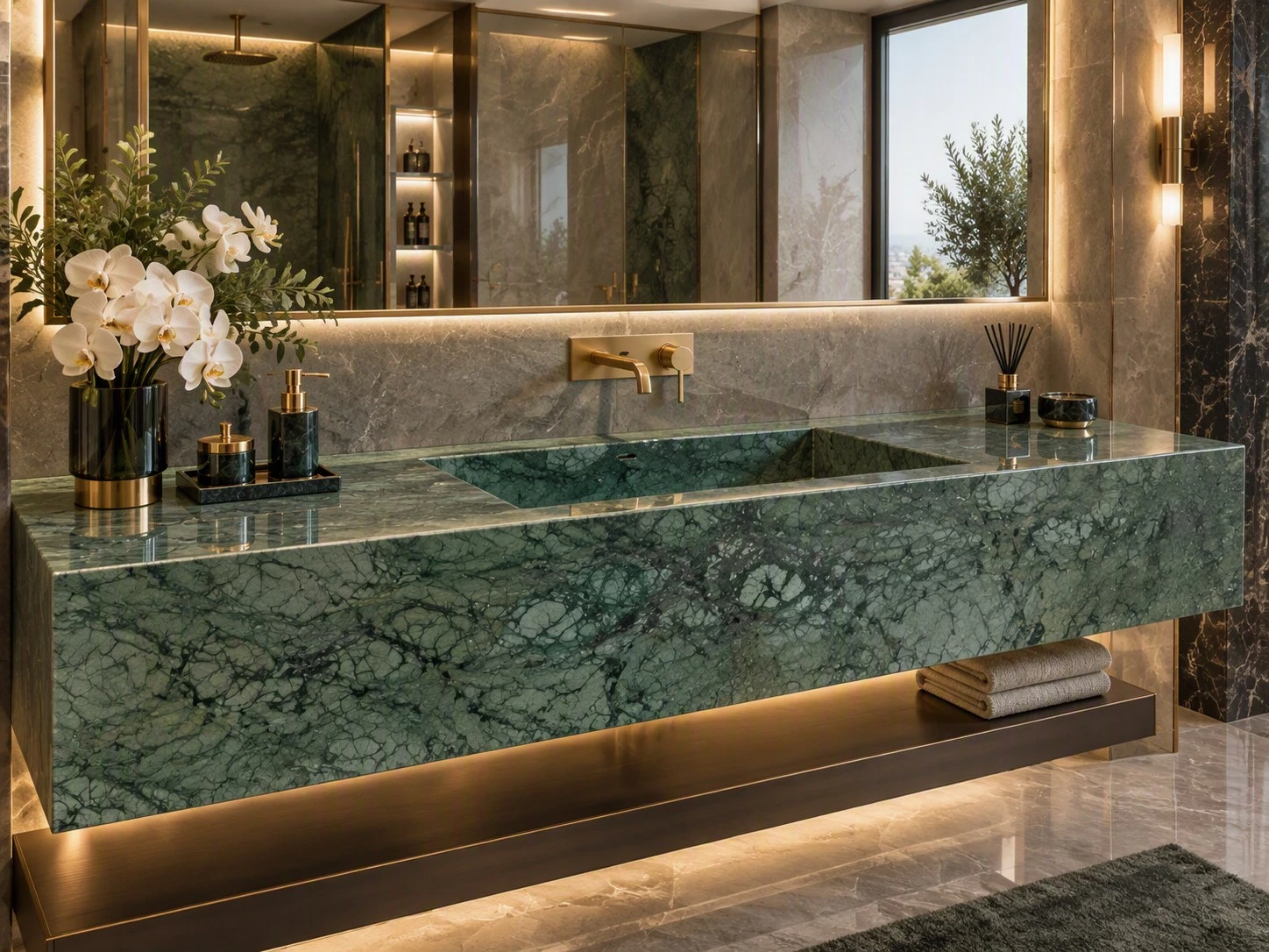 Indian Green Marble bathroom vanity top with an integrated stone sink and mitered front panel Indian Green Marble bathroom vanity top with an integrated stone sink and mitered front panel