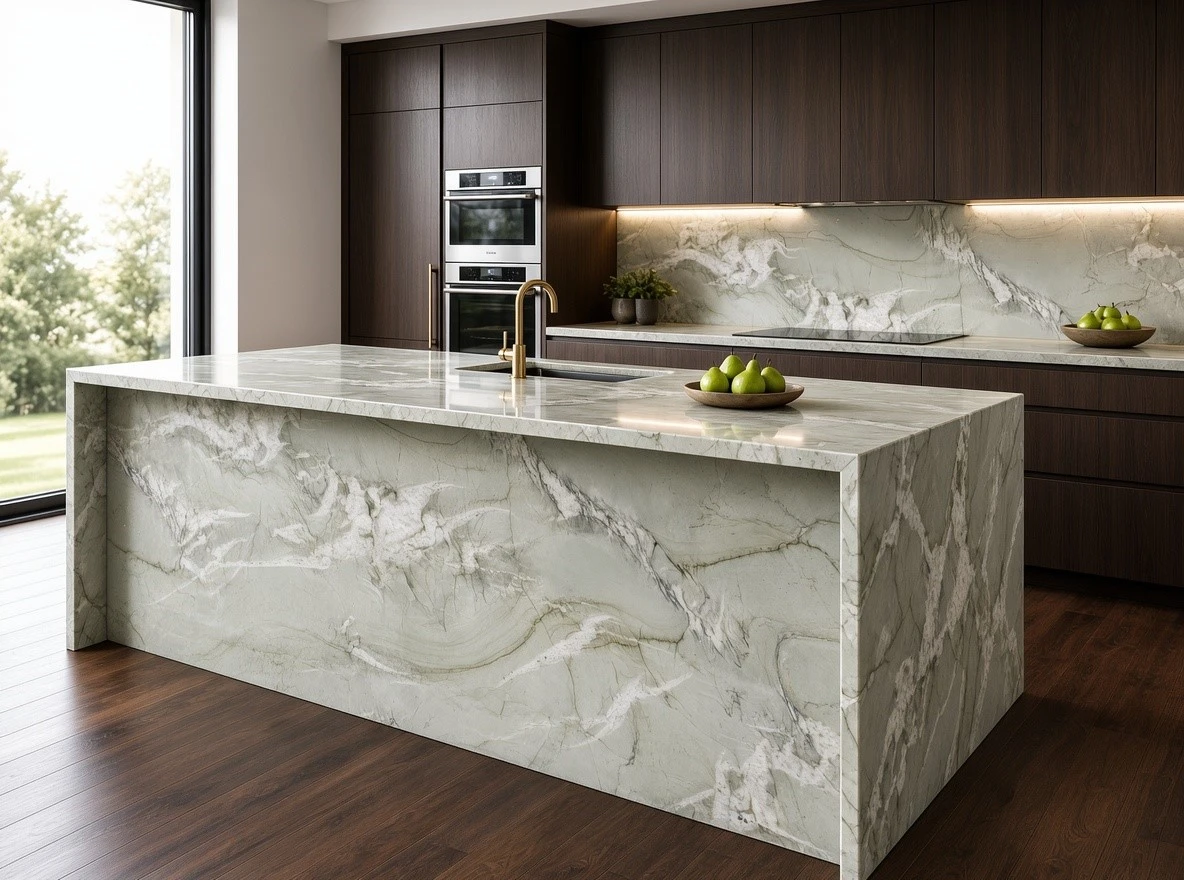 Mont Blanc Quartzite waterfall kitchen island with mitered edges and a matching full-height backsplash in a modern luxury kitchen Mont Blanc Quartzite waterfall kitchen island with mitered edges and a matching full-height backsplash in a modern luxury kitchen