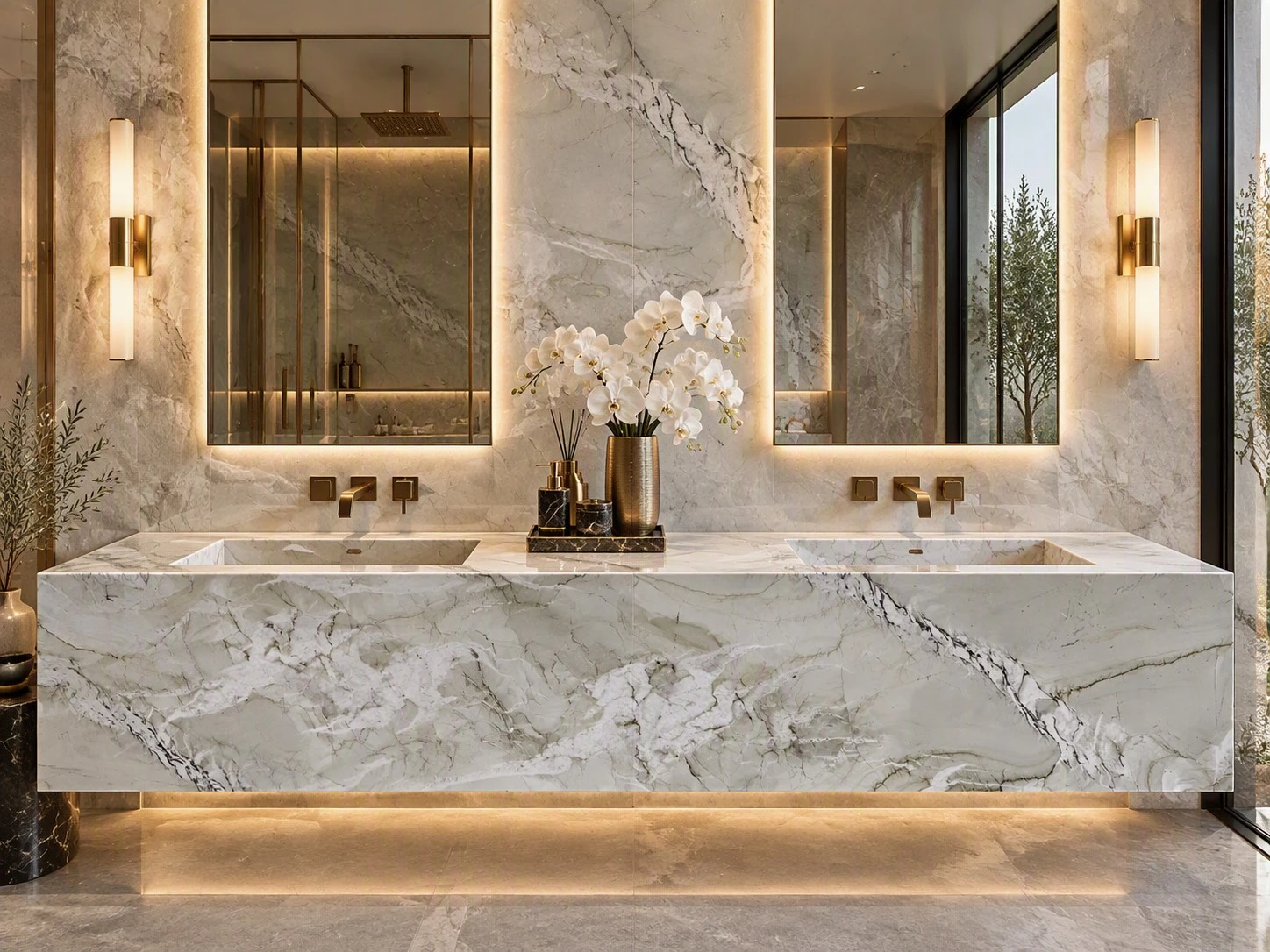 Mont Blanc Quartzite double vanity with integrated sinks, mitered front edges and matching wall cladding in a luxury bathroom Mont Blanc Quartzite double vanity with integrated sinks, mitered front edges and matching wall cladding in a luxury bathroom