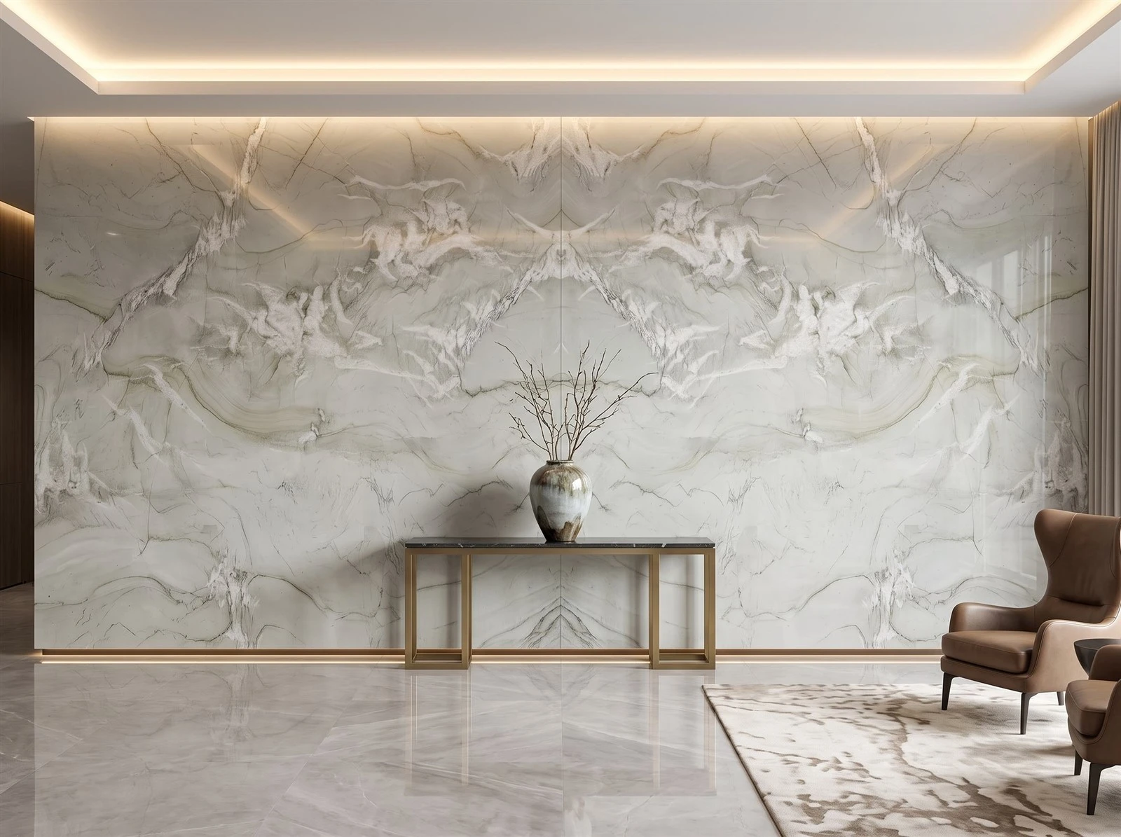 Bookmatched Mont Blanc Quartzite feature wall composed of two symmetrical stone panels with polished surfaces in a luxury living room Bookmatched Mont Blanc Quartzite feature wall composed of two symmetrical stone panels with polished surfaces in a luxury living room