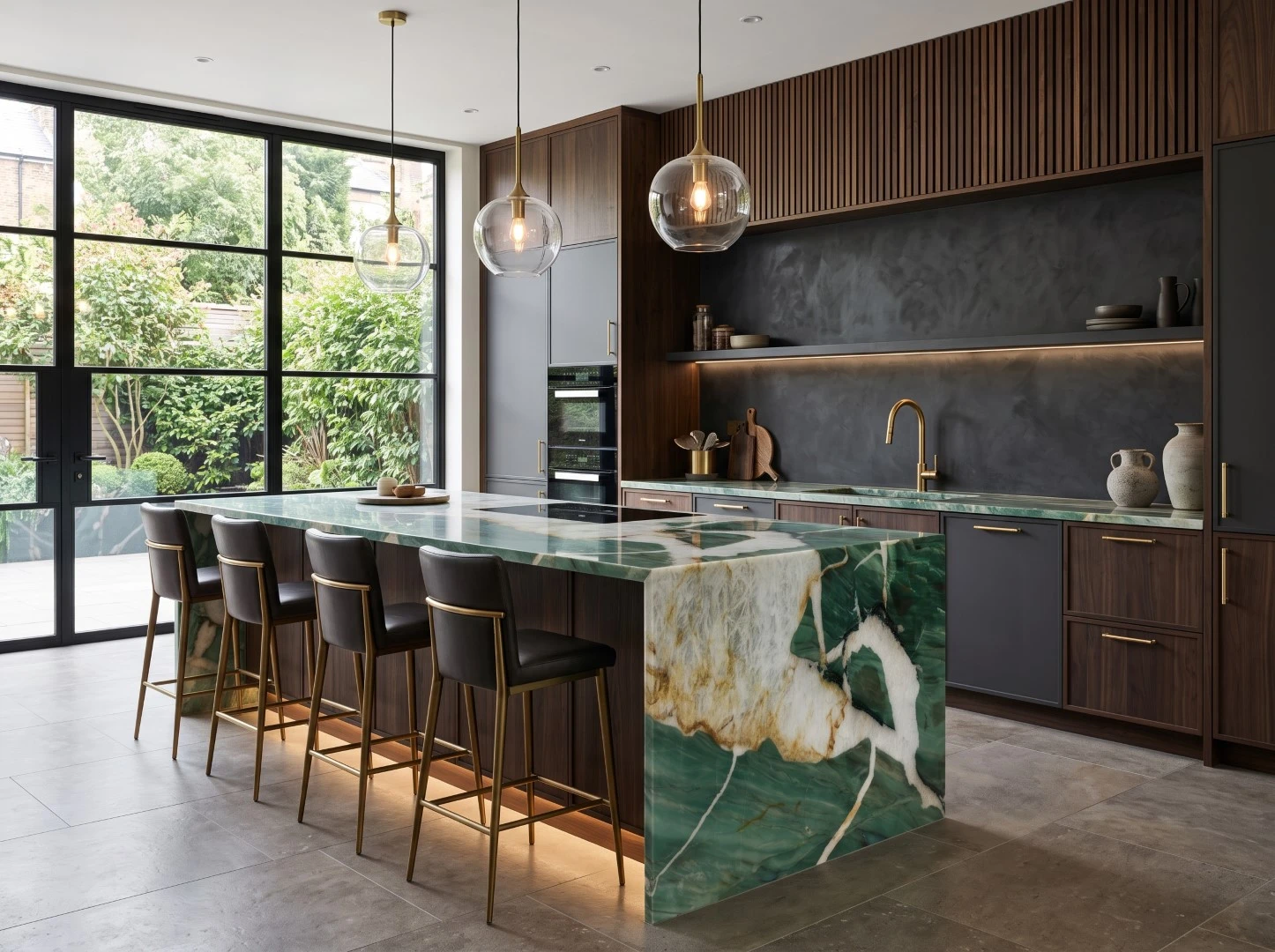 Patagonia Green Quartzite waterfall kitchen island and perimeter countertop with dramatic green, white and gold veining in a modern luxury kitchen Patagonia Green Quartzite waterfall kitchen island and perimeter countertop with dramatic green, white and gold veining in a modern luxury kitchen