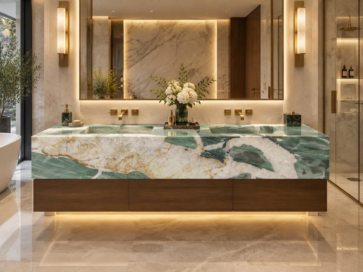 Patagonia Green Quartzite double vanity with integrated sinks, full-height stone front panel, matching countertop and luxury bathroom design Patagonia Green Quartzite double vanity with integrated sinks, full-height stone front panel, matching countertop and luxury bathroom design