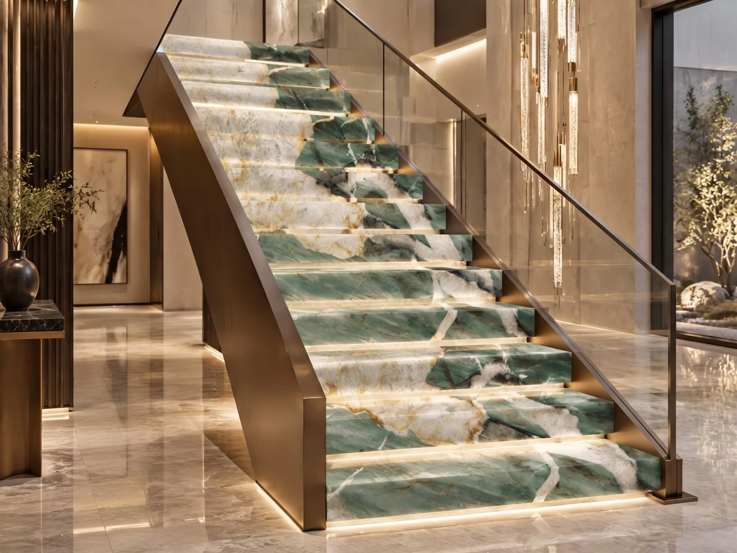 Patagonia Green Quartzite floating staircase cladding with illuminated stair treads, glass balustrade and bookmatched natural stone veining in a luxury interior Patagonia Green Quartzite floating staircase cladding with illuminated stair treads, glass balustrade and bookmatched natural stone veining in a luxury interior